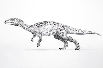 Ink drawing of a small bipedal dinosaur with speckled skin posed in a walking or stalking stance against a white background.