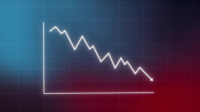 White zigzag Stock market business growth graph chart with arrows moving down, falling, loss, diagram, motion graphic on a red classic abstract Grid background