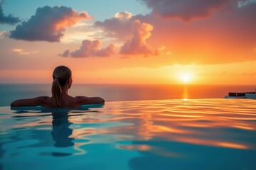 A Serene Woman Enjoying a Tranquil Sunset View in an Infinity Pool Overlooking the Ocean During Twilight Hours
