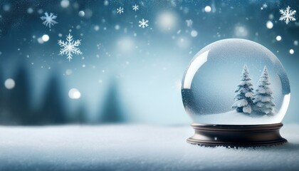 empty christmas snow globe on a winter background with delicate snowfall and copy space for text