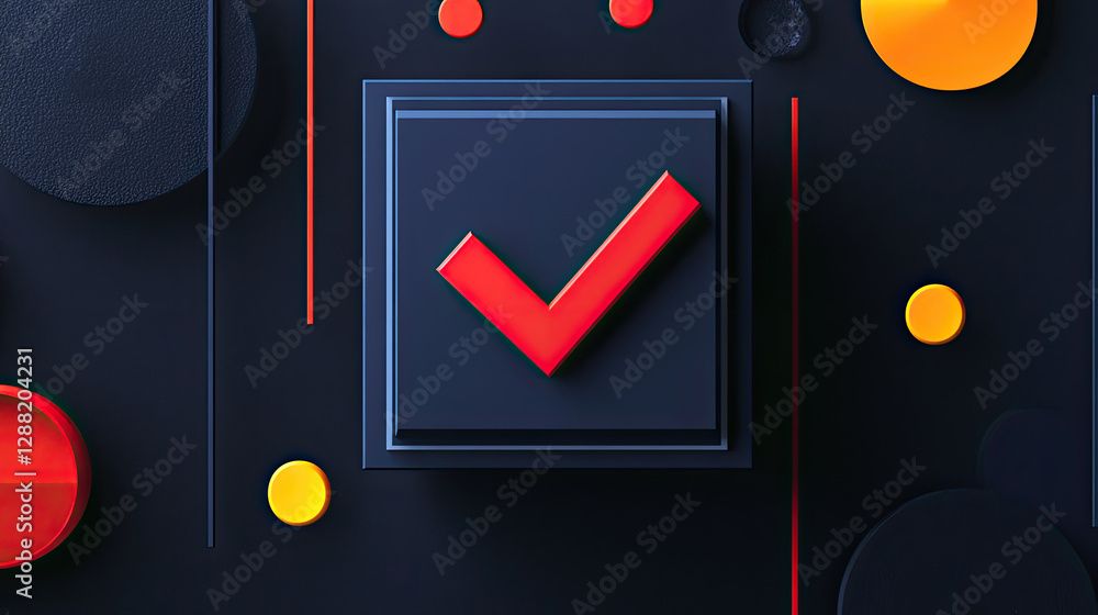Poster abstract checkmark design red tick on dark background with geometric shapes