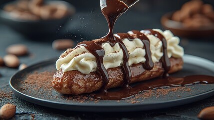 Dark chocolate poured on cream-filled eclair