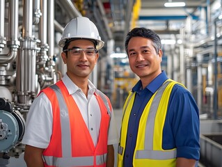 Industry Professionals: A portrait of two skilled workers in an industrial facility, equipped with safety gear, demonstrating expertise and collaboration.