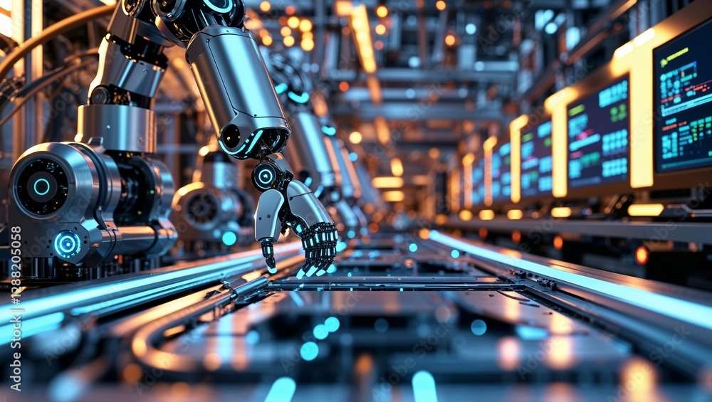 Poster advanced robotic arm working in a high-tech manufacturing facility with illuminated screens