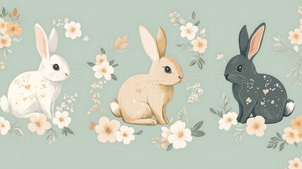 Vibrant Easter background featuring rabbits with floral art.