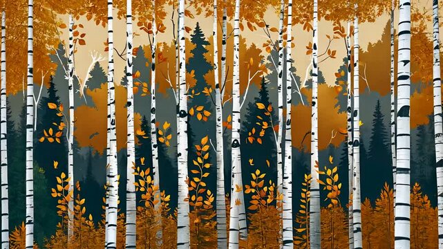 Stylized digital illustration of autumn birch trees with golden leaves in an artistic composition
