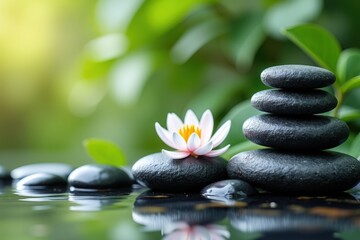 A Serene Scene Featuring a Stack of Five Black Smooth Stones and a White Water Lily Flower Reflecting Peacefulness in a Tranquil Pond Surrounded by Green Foliage