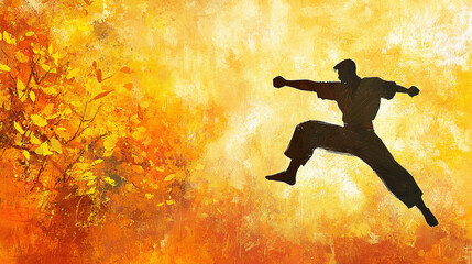 Naklejka premium Silhouette of a person performing a martial arts move against a warm, abstract background with autumnal colors, creating a dynamic and powerful image.