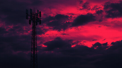 Fototapeta premium Tower silhouetted against a dramatic, vividly colored sky filled with dark clouds. Transmission tower over a powerful, ominous storm.