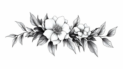 Black And White Floral Illustration Of Delicate Flowers And Leaves