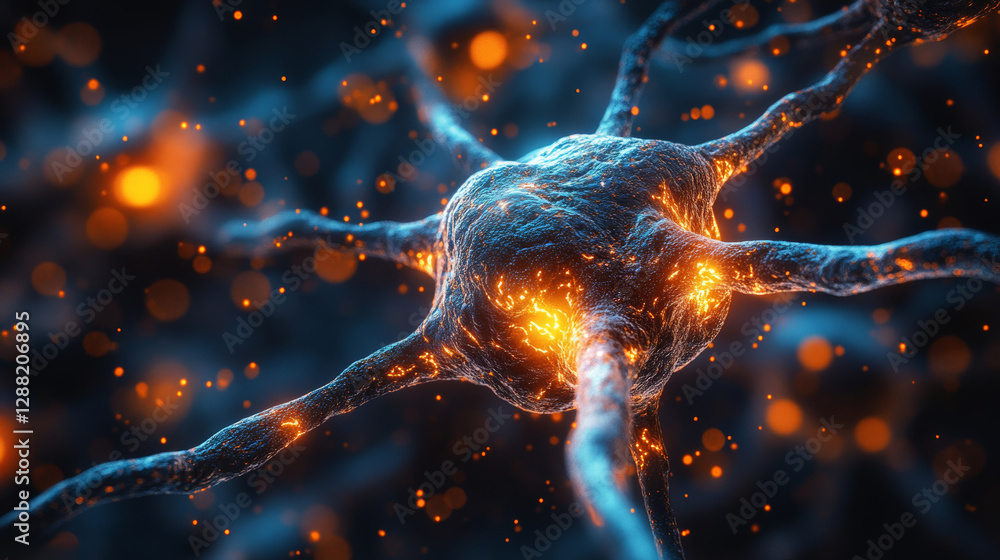 Poster neuron cell with glowing synapses, surrounded by vibrant orange and blue lights. neuroscience and ne