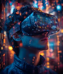 Immersive Reality: A close-up shot captures a person immersed in a virtual reality experience, wearing a VR headset with vibrant, glowing technology all around.