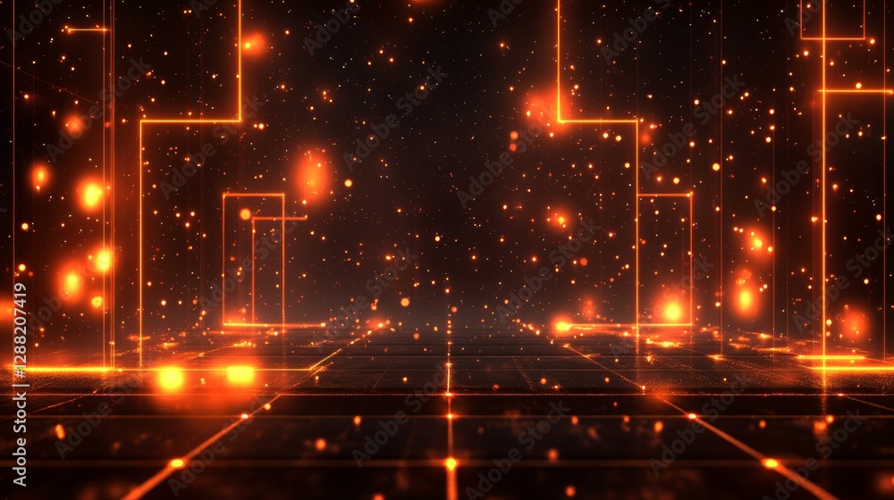 Poster a 3d retro neon background in red and orange, featuring laser lines. this synthwave grid has a video