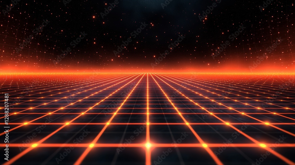 Poster an abstract 3d background in neon red and orange with laser lines, designed in a synthwave grid styl