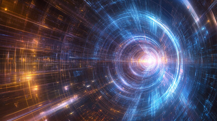 Abstract Light Tunnel:  A mesmerizing vortex of glowing blue and orange lines converging towards a central point of light, creating a sense of depth and motion.