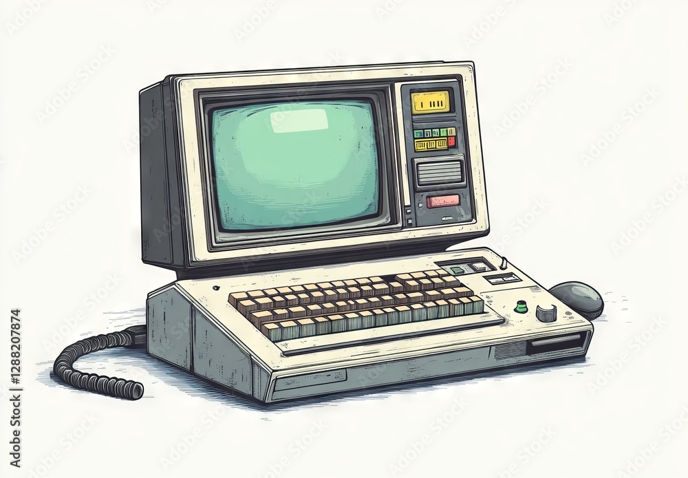 Fototapete A front-facing cartoon illustration of a retro computer from the 80s-90s, featuring a screen and keyboard, designed in a linear retro style