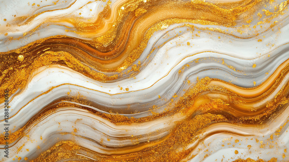 Poster abstract pattern with wavy lines in shades of gold, orange and white. golden flecks and textures are