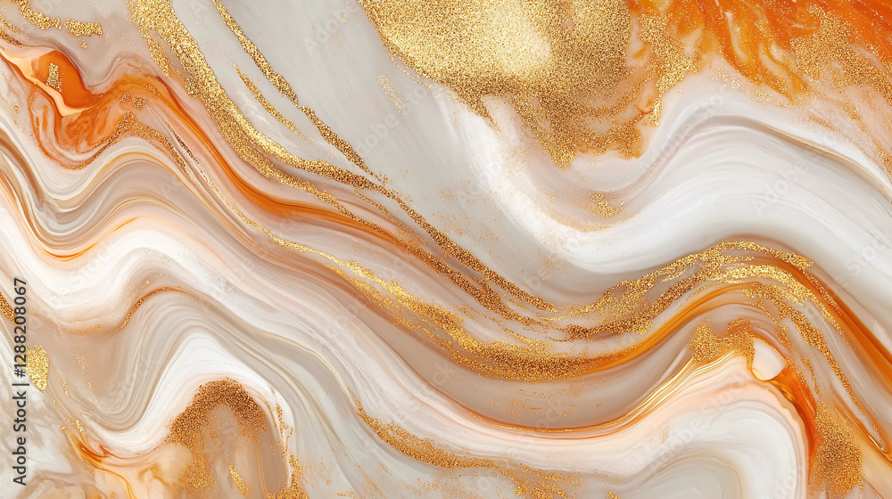 Poster abstract pattern with wavy lines in shades of gold, orange and white. golden flecks and textures are