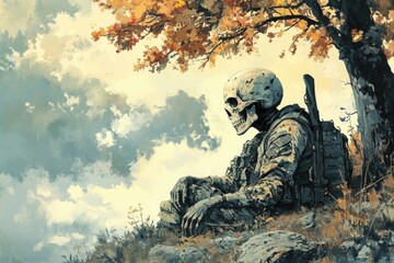 Fototapeta premium A skeleton soldier is resting under a leafy autumn tree