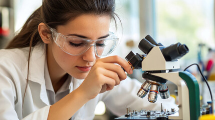 Scientist studying a sample using a microscope, wearing safety glasses in a lab environment. Research, experiment and discovery of new science.