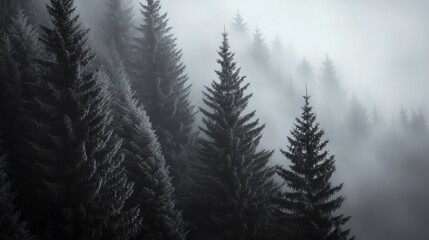 Obraz premium The Enchantment of a Misty Spruce Forest Embraced by Fog 