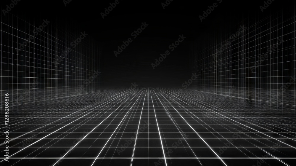 Poster a black and white abstract background with a 3d retro-futuristic design, showcasing cube and square 