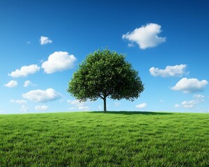 Obraz premium Lone tree on grassy hill, clear sky, idyllic scene