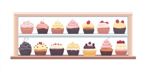 Naklejka premium Coffeehouse or candy store. Cake and pastry shop. Baked goods and pastries are on the shelves. Selection of holiday-themed cakes and pastries