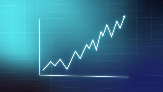 White zigzag Stock market business growth graph chart with arrows moving up growing diagram, motion graphic on a dark classic abstract Grid background