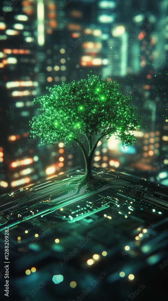 Poster lush green tree with glowing lights on digital circuit board in futuristic cityscape at night. techn