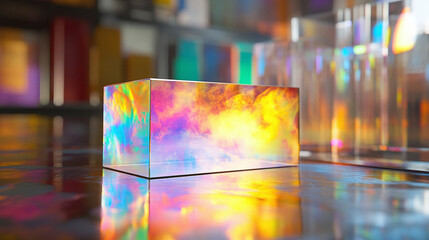 Abstract art piece with a rectangular prism containing a colorful, cloud-like design, sitting on a reflective surface. The colors are vivid and create an eye-catching display.