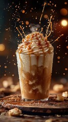 Beverage splash extreme concept. A delicious caramel coffee drink with whipped cream, topped with caramel drizzle, creating a visually appealing splash effect.