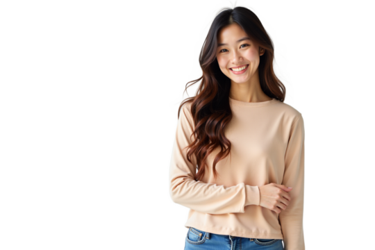 Smiling woman with brown hair, peach shirt isolated on Transparent background. Cheerful portrait for beauty, fashion, or business. Use for banners, ads, social media. - Powered by Adobe