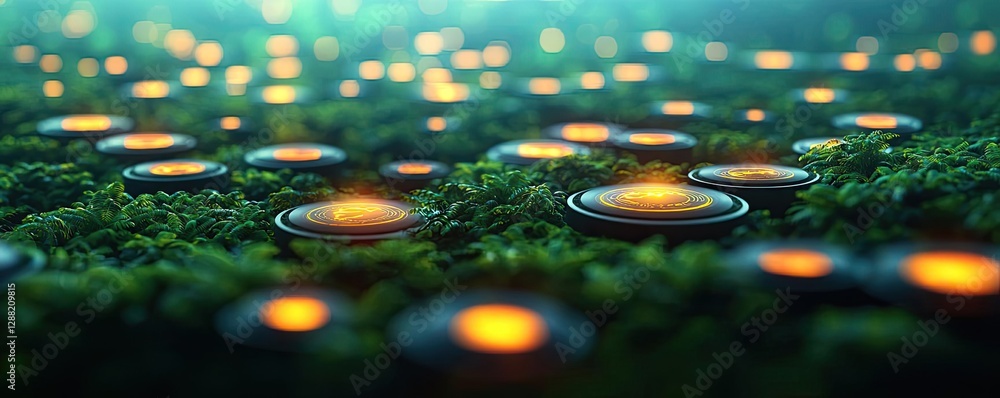 Poster earth day environmental idea. mystical green moss illuminated by soft glowing lights in a tranquil s