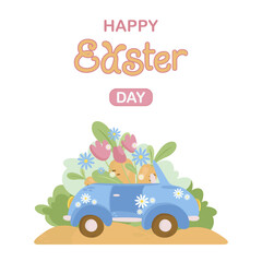 Easter car vector illustration isolated on white background. A blue truck is loaded with carrots and spring flowers. Cute machine for designer clothes, bags, fabric, stickers and greeting cards.