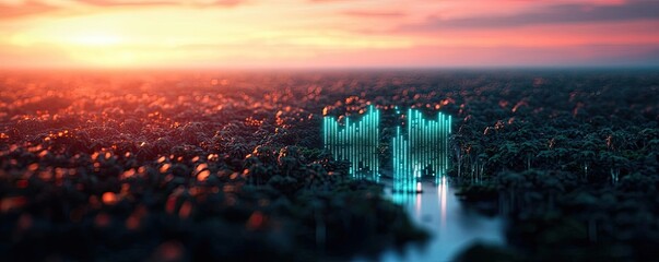 Fototapeta premium Earth day environmental idea. Stunning aerial view of a vibrant sunset over lush, serene landscape with water.