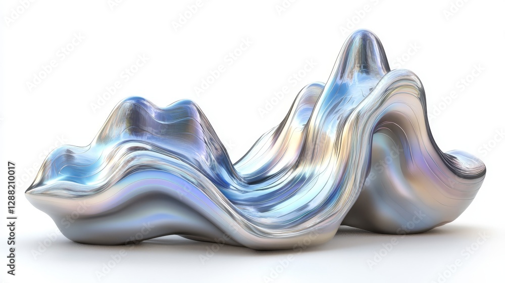 Poster a futuristic 3d abstract shape with liquid chrome and holographic effects, isolated on white, accomp