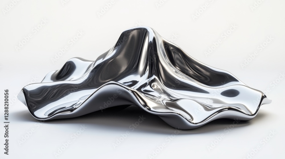 Poster a 3d abstract metal object with a liquid chrome and holographic futuristic design, isolated on white
