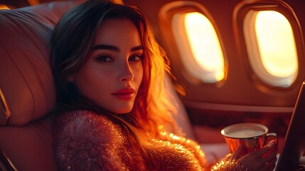 Businesswoman Relaxing in Private Jet Workspace with Laptop and Coffee