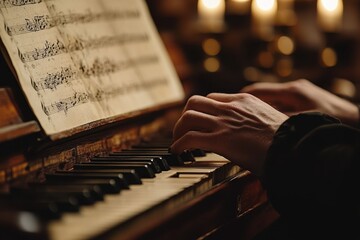 Hands of a Musician Playing Classic Piano with Sheet Music and Warm Candlelight Glow in an Intimate Setting