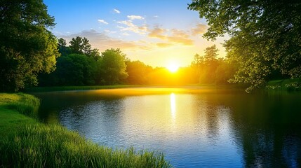 Obraz premium serene sunset over a calm lake in lush green forest