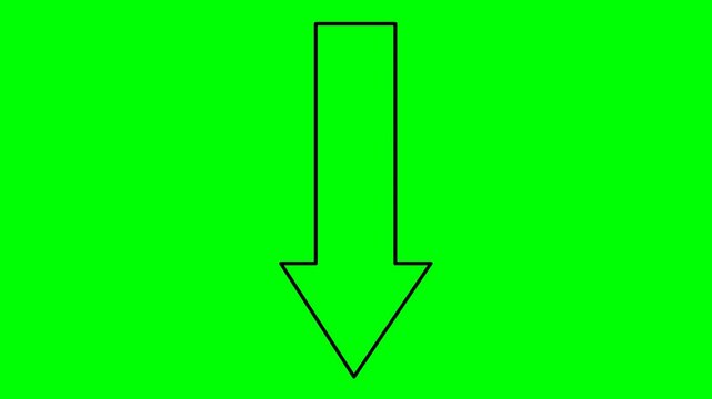 video animation drawing outline arrow pointing down directon, on a green chroma key background