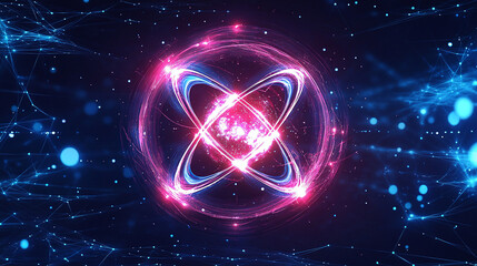 Futuristic Glowing Atom Model. Visualization of Science and Technology. Abstract design element of a stylized atom with orbits, nucleus and energy fields.