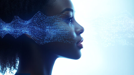 AI Woman: Profile view of a woman's face with digital blue lines tracing over her features, suggesting artificial intelligence and technology integration.