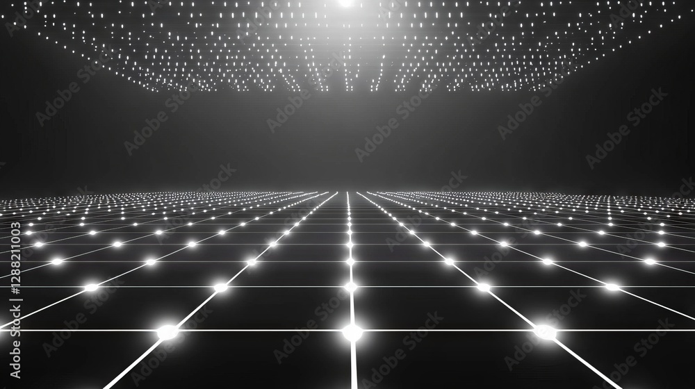 Poster an abstract 3d dark background with glowing minimalistic futuristic geometry and white particles on 