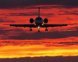 Fototapeta premium Private jet landing fiery sunset; airport background