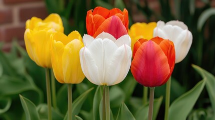 Obraz premium Colorful tulips blooming in garden, brick wall background. Spring garden scene for greeting cards