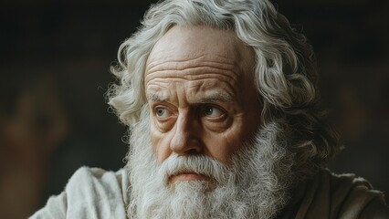 Realistic portrayal of an elderly philosopher with a long white beard and deep expressive eyes in contemplative mood