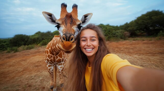 European girl on vacation in Kenya takes a selfie with a cute giraffe that leans over to take a picture.