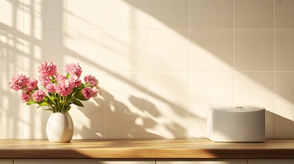 sunlit kitchen countertop with flowers and modern device